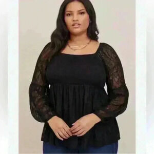 TORRID SUPER SOFT BABYDOLL LACE SCOOP NECK TUNIC 3/4 SLEEVE Black Sz.10 NWOT